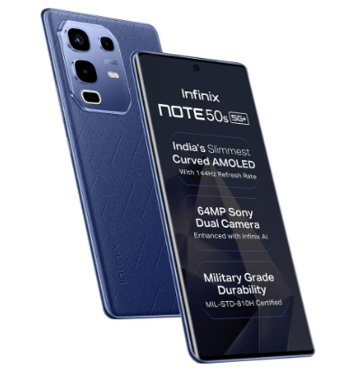 Infinix Note 50s 256+8GB 6.7" 144Hz AMOLED Display 64MP Camera 5500mAh Battery 45W Fast Charging Dual SIM IP 64 Water & Dust Resistance Android 15 On-Screen Fingerprint AI Smartphone
