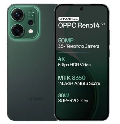 Oppo Reno 14 5G 512+12GB 6.5" 120Hz AMOLED Display 50MP Camera 6000mAh Battery 80W Fast Charging Dual SIM IP68/69 Water & Dust Resistance Android 15 On-screen Fingerprint AI Smartphone