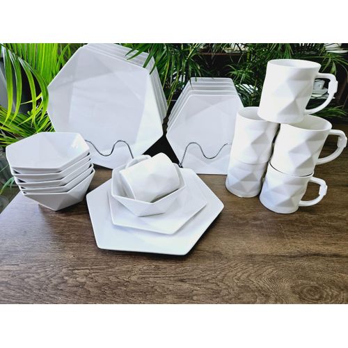 24-Piece Hexagonal Dinner Set – Elegant Ceramic Tableware with 6 Plates, 6 Side Plates, 6 Bowls, and 6 Mugs. Durable, Dishwasher- and Microwave-Safe, Perfect for Home, Parties, or Restaurants