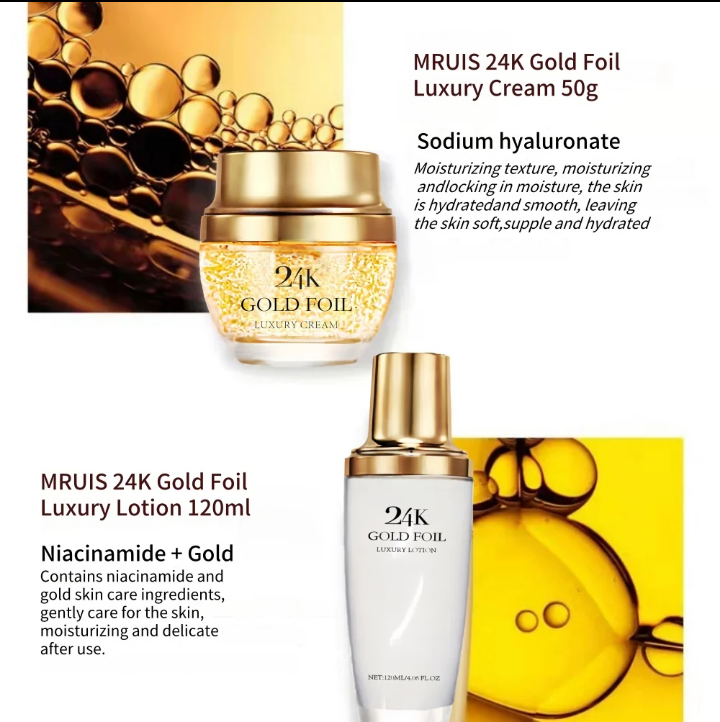 24K Gold Foil Luxury 5‑Gift Set: Toner, Serum, Lotion & Cream. Whitens, moisturizes & firms with Vitamin C, Niacinamide, Hyaluronic Acid & Retinol. Boosts radiance & smooths skin.