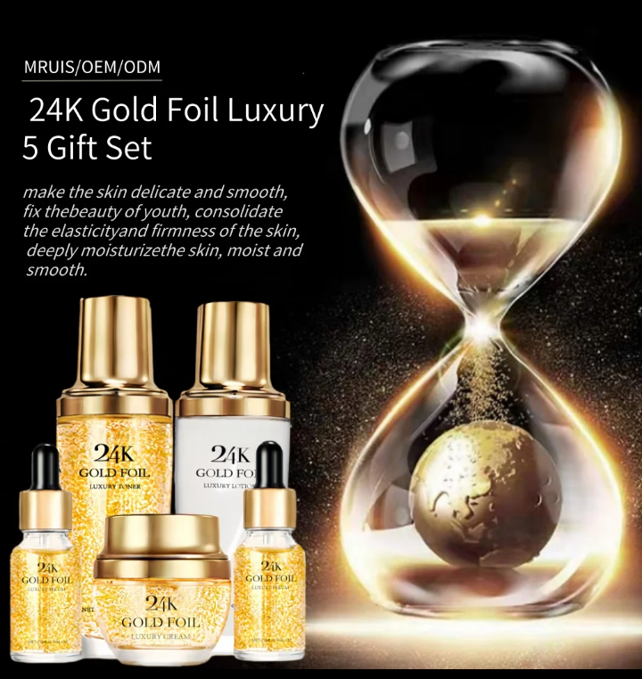 24K Gold Foil Luxury 5‑Gift Set: Toner, Serum, Lotion & Cream. Whitens, moisturizes & firms with Vitamin C, Niacinamide, Hyaluronic Acid & Retinol. Boosts radiance & smooths skin.