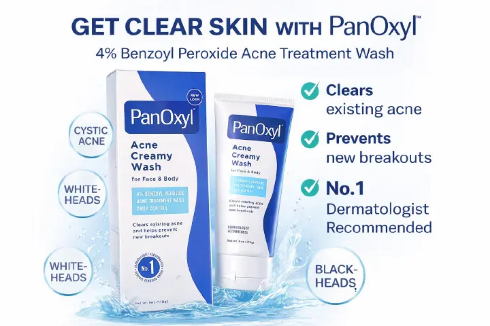 PanOxyl Acne Creamy Wash 4% Benzoyl Peroxide Face & Body Cleanser – Clears Acne & Prevents