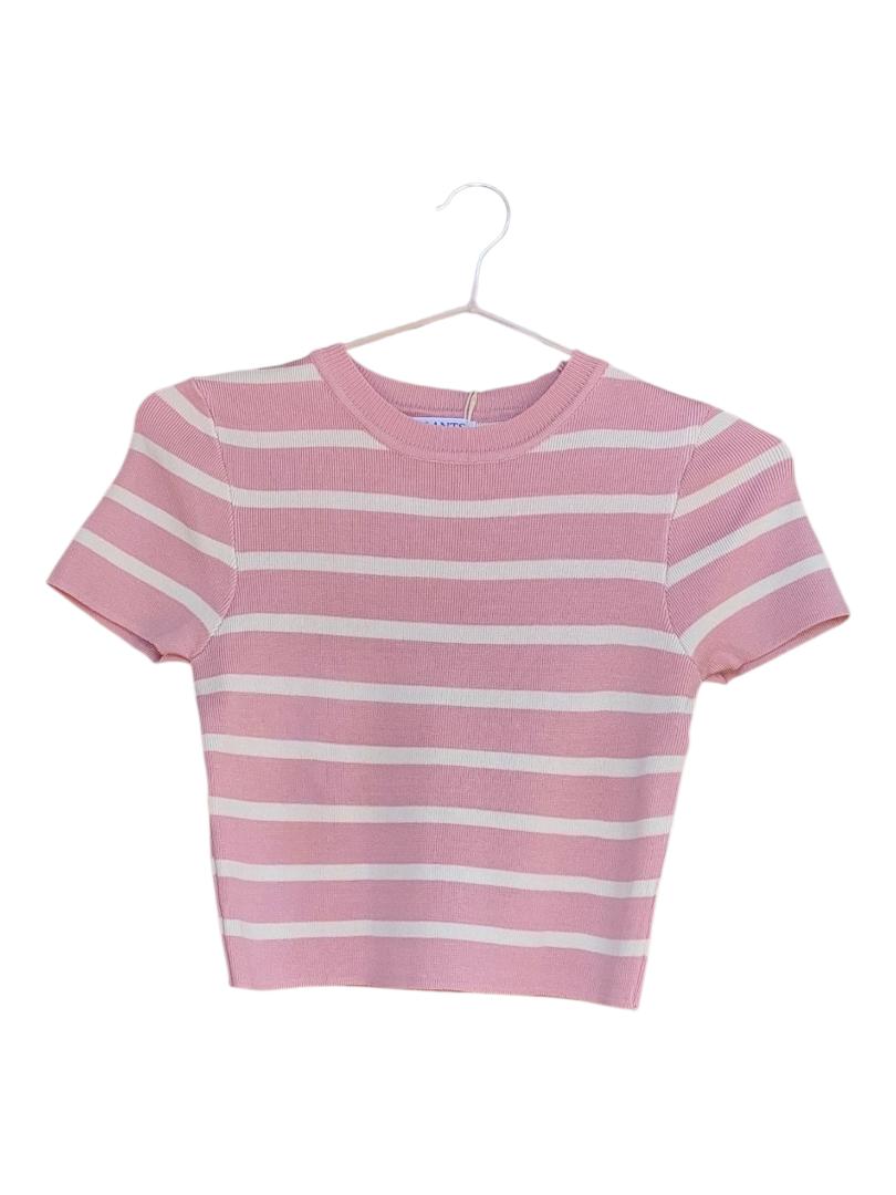 pink and white Striped,ribbed  knit ,Short Sleeve,Crew neck CropTop