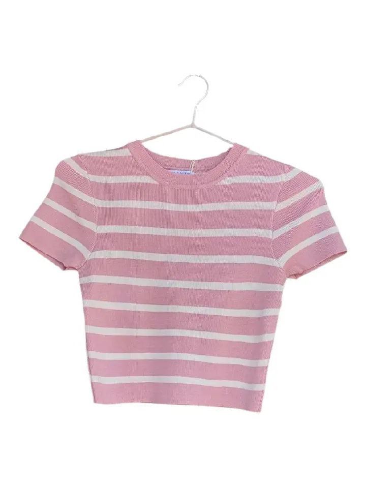 pink and white Striped,ribbed  knit ,Short Sleeve,Crew neck CropTop