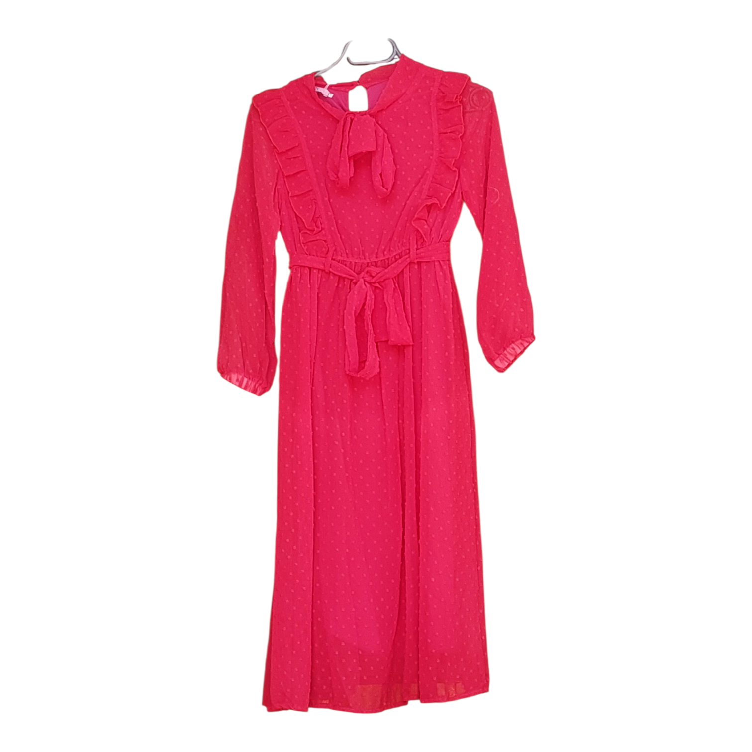 Ruffle Collar , Elevate your style in this stunning red midi dress featuring delicate swiss dots