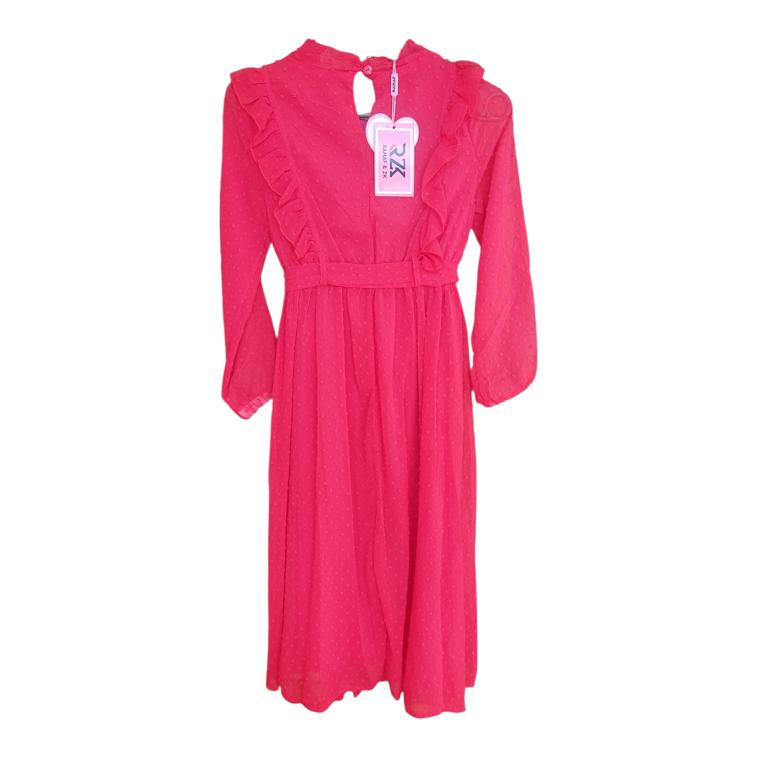 Ruffle Collar , Elevate your style in this stunning red midi dress featuring delicate swiss dots