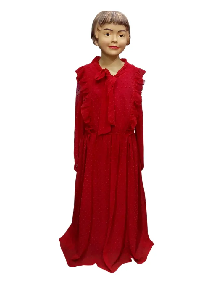 Ruffle Collar , Elevate your style in this stunning red midi dress featuring delicate swiss dots