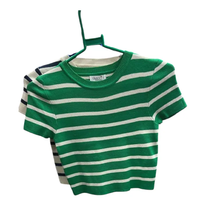 Breathable comfort, lightweight and stylish Short _ sleeve knit top featuring timeless horizontal stripes in a vibrant green and crisp white ,Modern and Trendy.