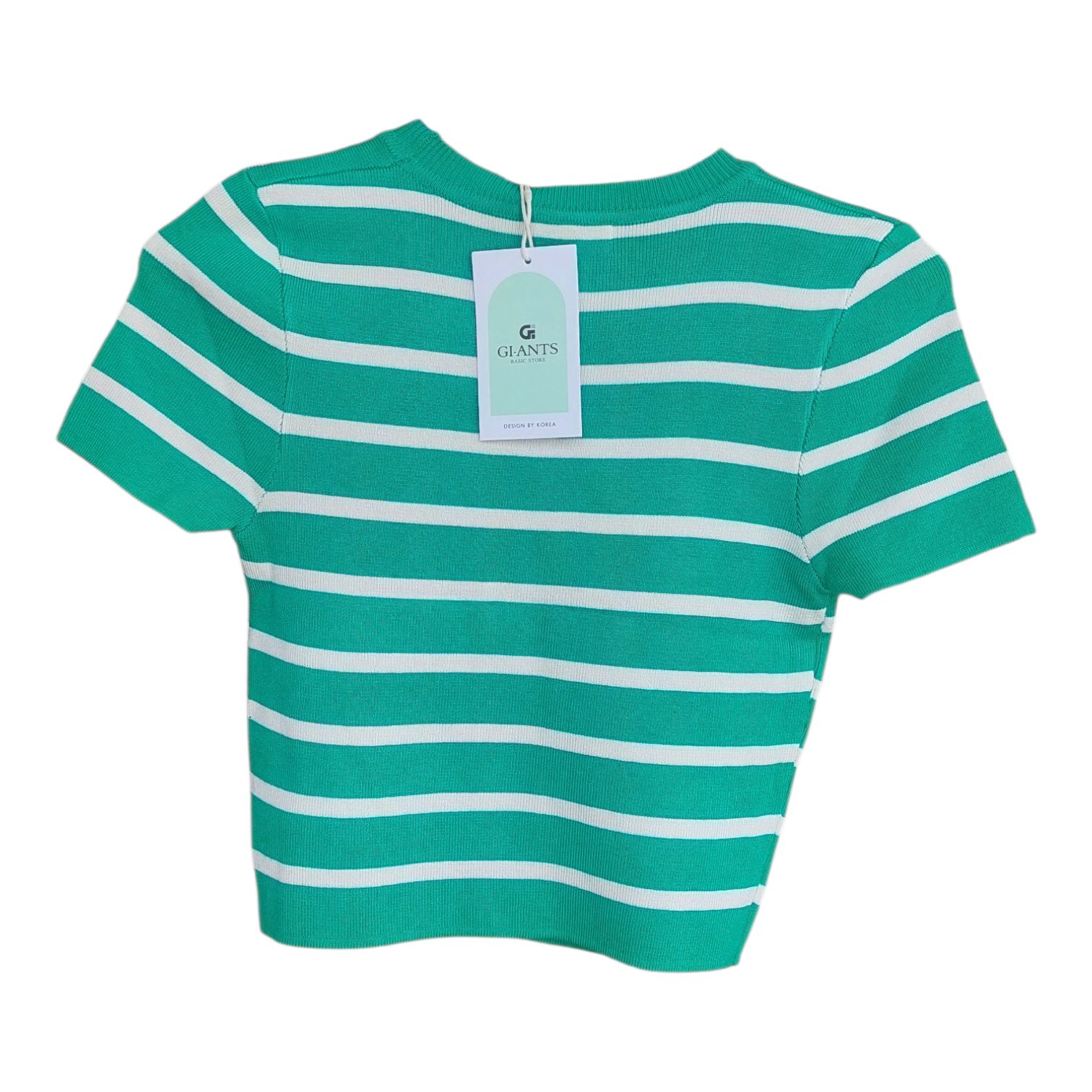 This is  a Vibrant Soft , ribbed knit   Green and white striped crop top a blend of classic style and a trendy fit.