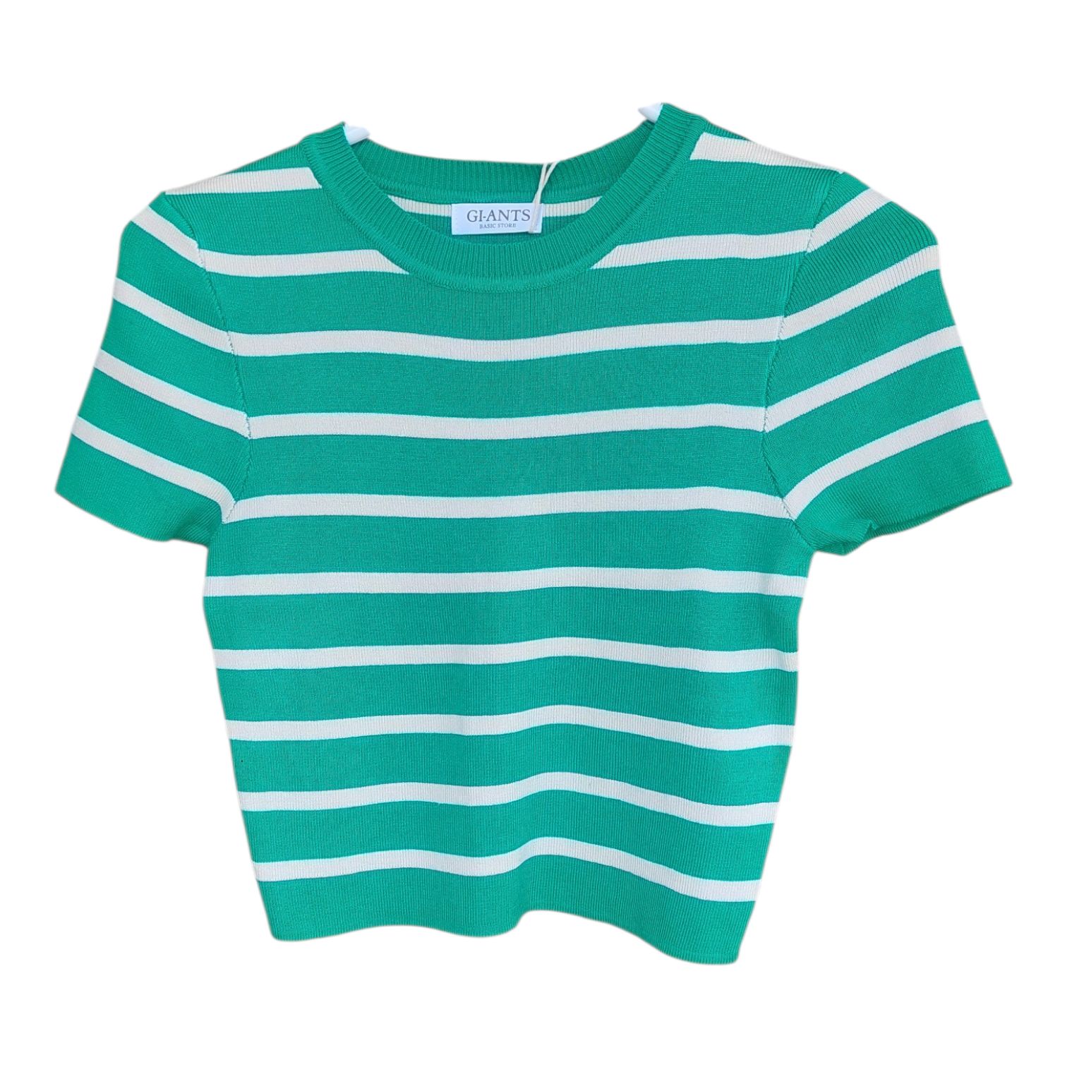 This is  a Vibrant Soft , ribbed knit   Green and white striped crop top a blend of classic style and a trendy fit.