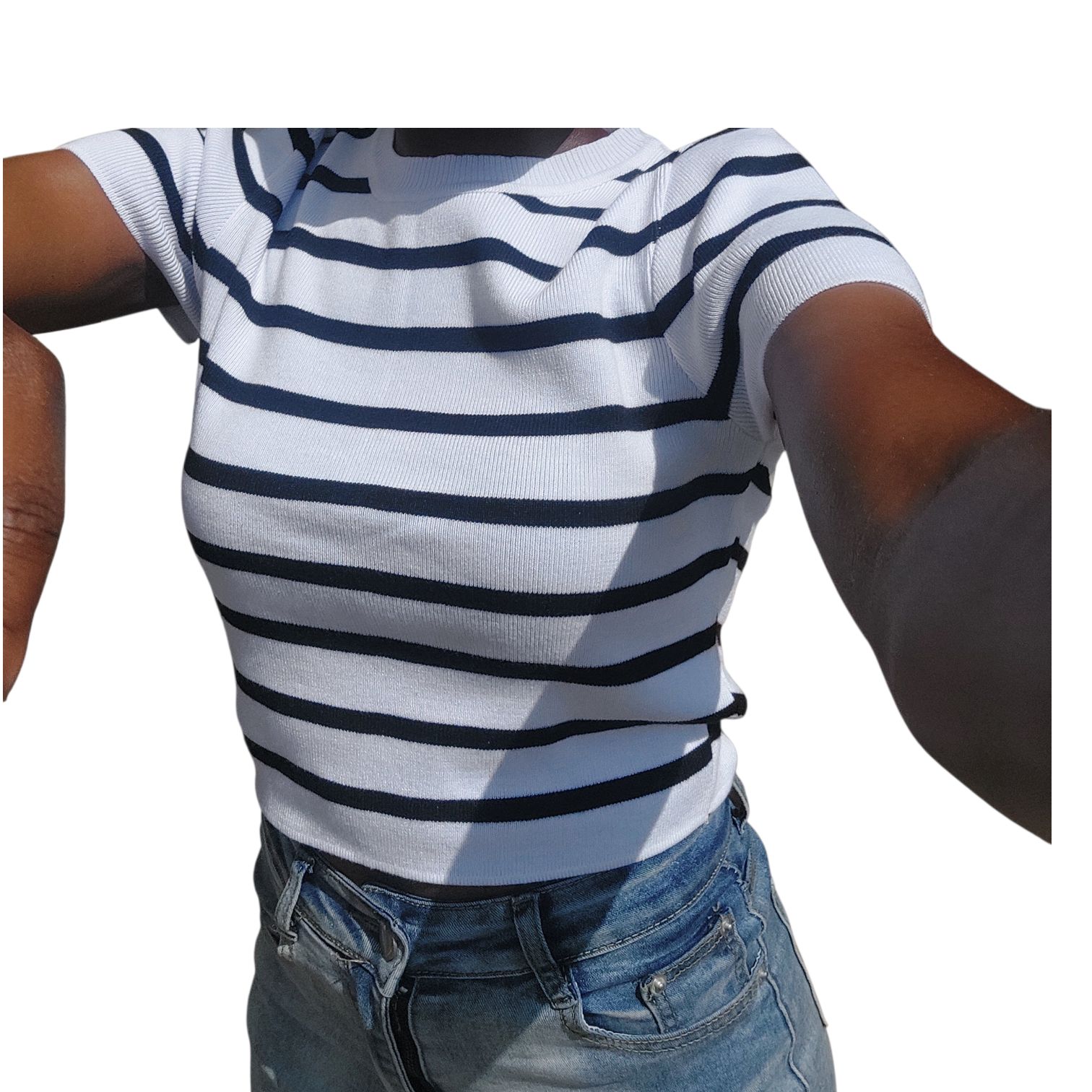 The Ultimate parisian chic.Bershka Black and white Striped Rib _knit Crop sweater.