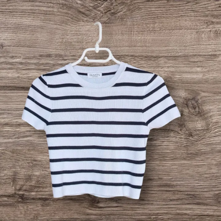 The Ultimate parisian chic.Bershka Black and white Striped Rib _knit Crop sweater.