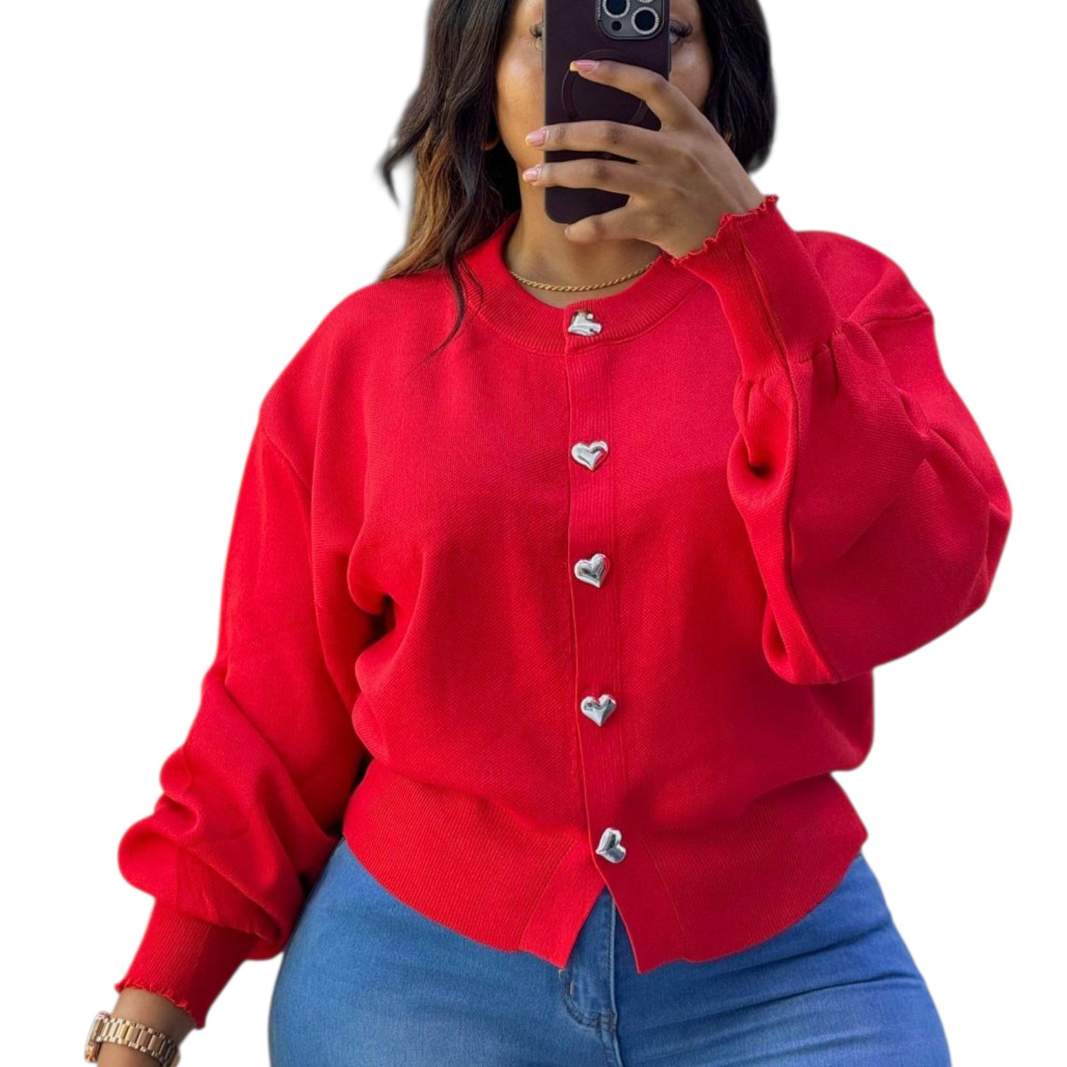 Heart button knitted sweater Top, its a vibrant  cherry red color.