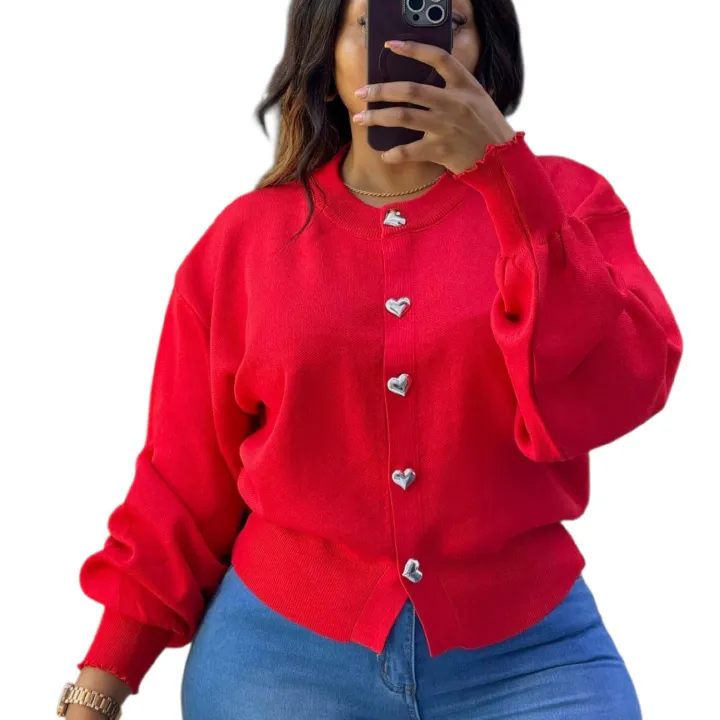 Heart button knitted sweater Top, its a vibrant  cherry red color.