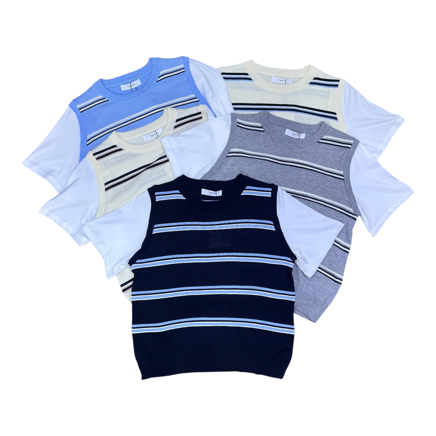 Elevate your Everyday:The 2_in _1 White T_shirt with knit striped sweater vest.