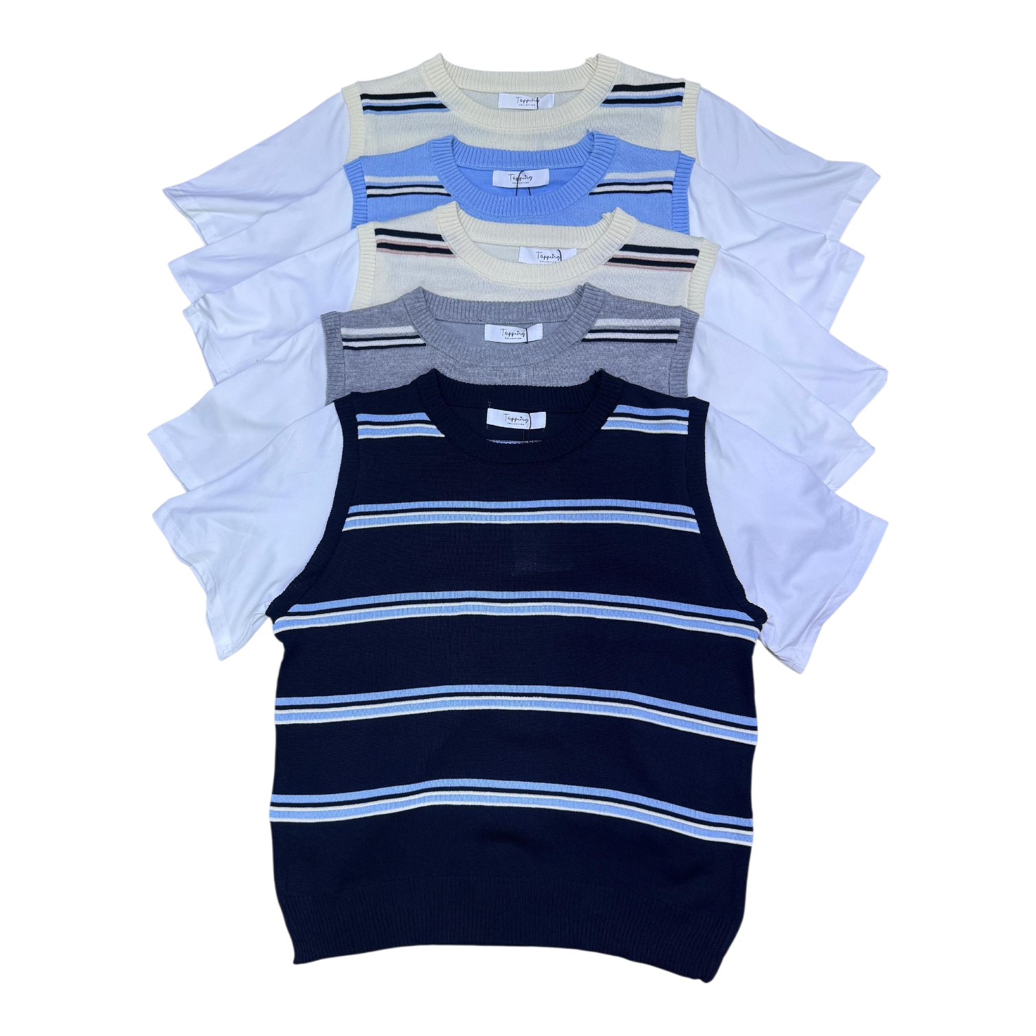 Elevate your Everyday:The 2_in _1 White T_shirt with knit striped sweater vest.