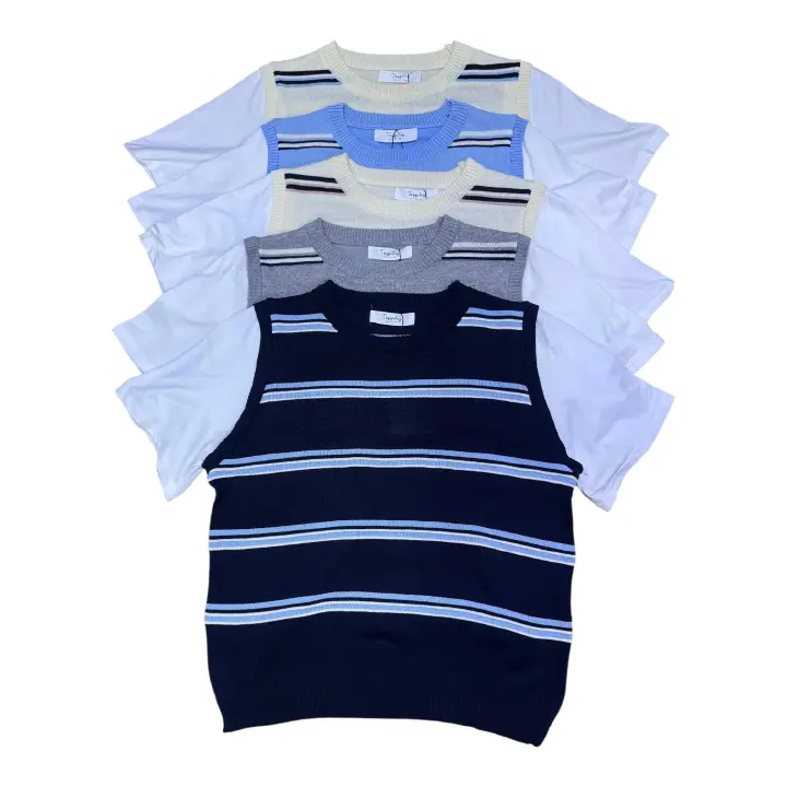 Elevate your Everyday:The 2_in _1 White T_shirt with knit striped sweater vest.