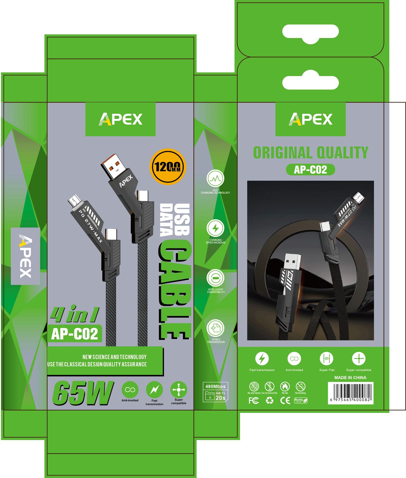 4 in 1 Flat Braided Cable Type C  65W Multi Port PD Fast Charging Data Transfer iPad Charger Cord Combo For Android USB Type C Samsung iPhone Xiaomi Huawei Tecno Itel Infinix OPPO