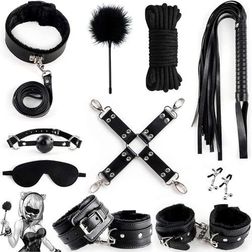 10pcs BDSM Bondage Restraints Set for Women and Couples Adjustable for Role Play Bed Game Plush Handcuffs Restraints Kit Adult Sex Toys for Enhanced with Whip, Blindfold, Mouth Gag, Nipples Clip.