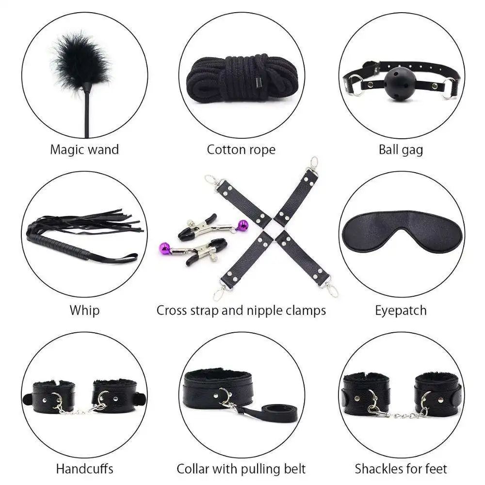10pcs BDSM Bondage Restraints Set for Women and Couples Adjustable for Role Play Bed Game Plush Handcuffs Restraints Kit Adult Sex Toys for Enhanced with Whip, Blindfold, Mouth Gag, Nipples Clip.