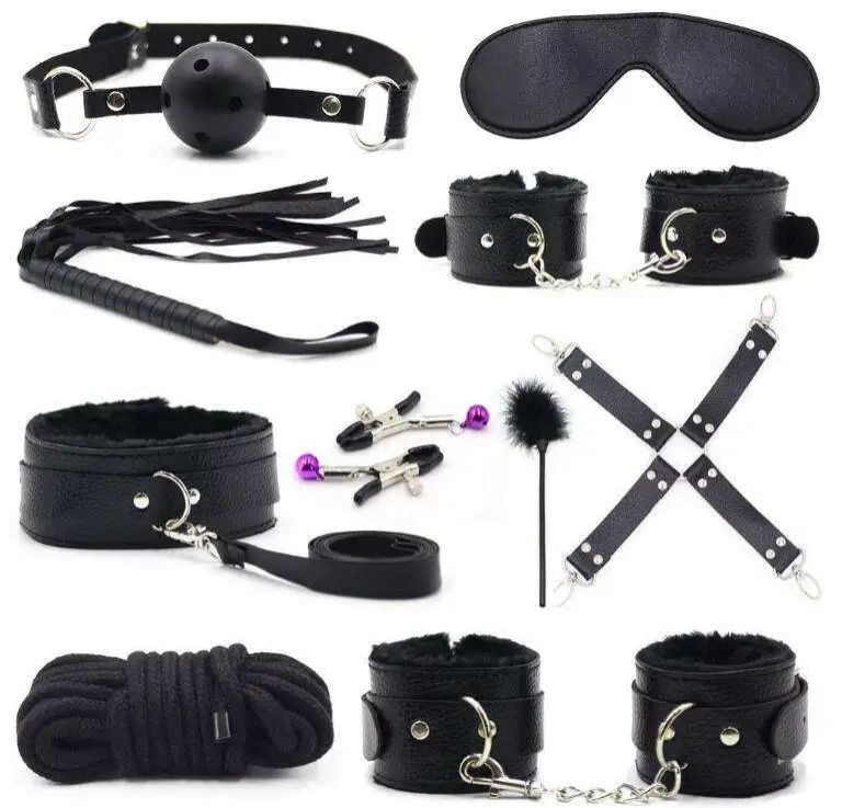 10pcs BDSM Bondage Restraints Set for Women and Couples Adjustable for Role Play Bed Game Plush Handcuffs Restraints Kit Adult Sex Toys for Enhanced with Whip, Blindfold, Mouth Gag, Nipples Clip.