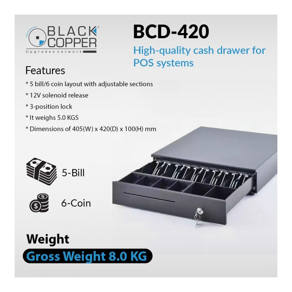 Cash Drawer – Heavy-Duty POS Money Drawer with 4 Bill & 5 Coin Compartments, Key Lock & Smooth Slide Rail – Ideal for Shops, Restaurants & Retail Counters