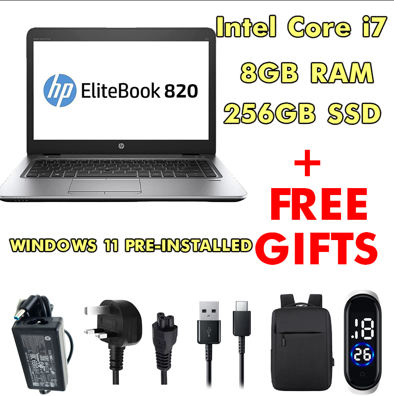 HP EliteBook 820 G3 Laptop – Intel Core i7 | 8GB RAM | 256GB SSD | 12.5" HD Display | Compact Business Laptop | Fast & Reliable Performance – FREE Bag + Watch + Type-C Cable