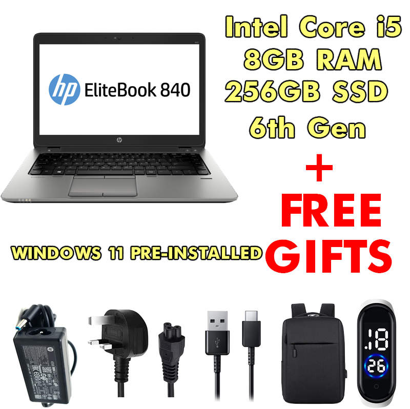 HP EliteBook 840 G3 Laptop – Intel Core i5 6th Gen | 8GB RAM | 256GB SSD | 14" Full HD Display | Business Laptop – FREE Bag + Watch + Type-C Cable