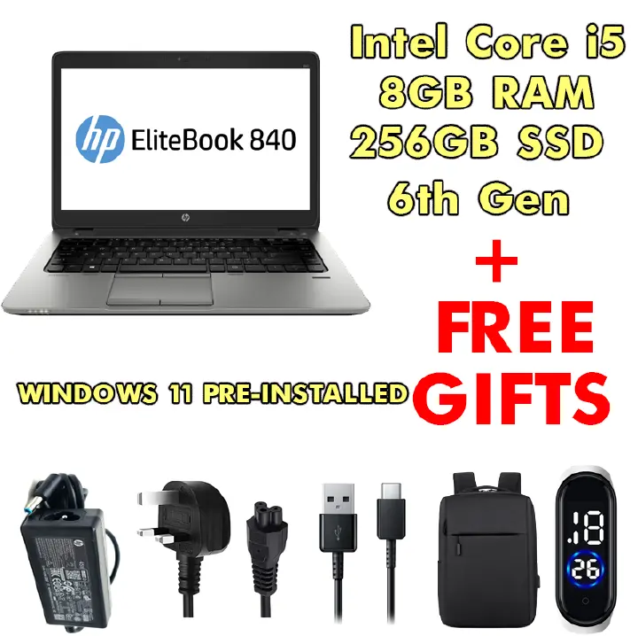 HP EliteBook 840 G3 Laptop – Intel Core i5 6th Gen | 8GB RAM | 256GB SSD | 14" Full HD Display | Business Laptop – FREE Bag + Watch + Type-C Cable