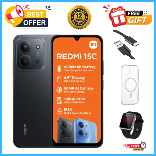 END OF MONTH OFFERS🔥🔥🔥BRAND NEW REDMI 15C 128GB/256GB Storage UPTO 8GB(4+4GB Extended) / 16GB Ram 6.9'' LCD 50MP Main Camera 6000mAh 33W Fast Charger Android 15 Xiaomi Hyper OS 2 Side Fingerprint