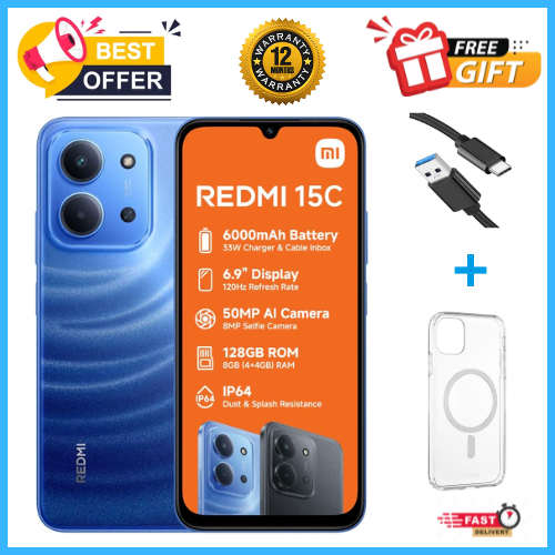 END OF MONTH OFFERS🔥🔥🔥BRAND NEW REDMI 15C 256GB Storage UPTO 16GB(8+8GB Extended) Ram 6.9'' LCD 50MP Main Camera 6000mAh 33W Fast Charger Android 15 Xiaomi Hyper OS 2 Side Fingerprint