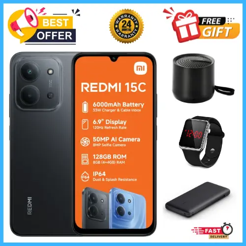 END OF MONTH OFFERS🔥🔥🔥BRAND NEW REDMI 15C 128GB/256GB Storage UPTO 8GB(4+4GB Extended) / 16GB Ram 6.9'' LCD 50MP Main Camera 6000mAh 33W Fast Charger Android 15 Xiaomi Hyper OS 2 Side Fingerprint