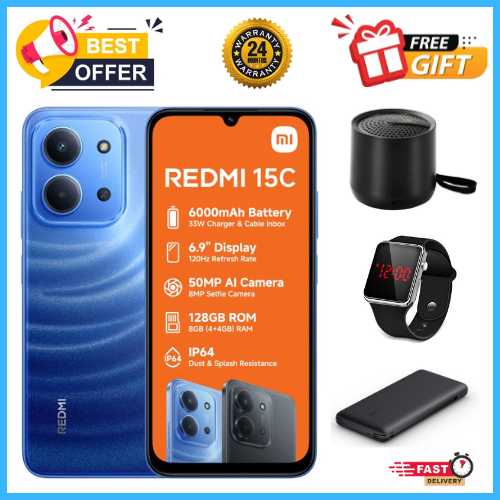 END OF MONTH OFFERS🔥🔥🔥BRAND NEW REDMI 15C 128GB/256GB Storage UPTO 8GB(4+4GB Extended) / 16GB Ram 6.9'' LCD 50MP Main Camera 6000mAh 33W Fast Charger Android 15 Xiaomi Hyper OS 2 Side Fingerprint