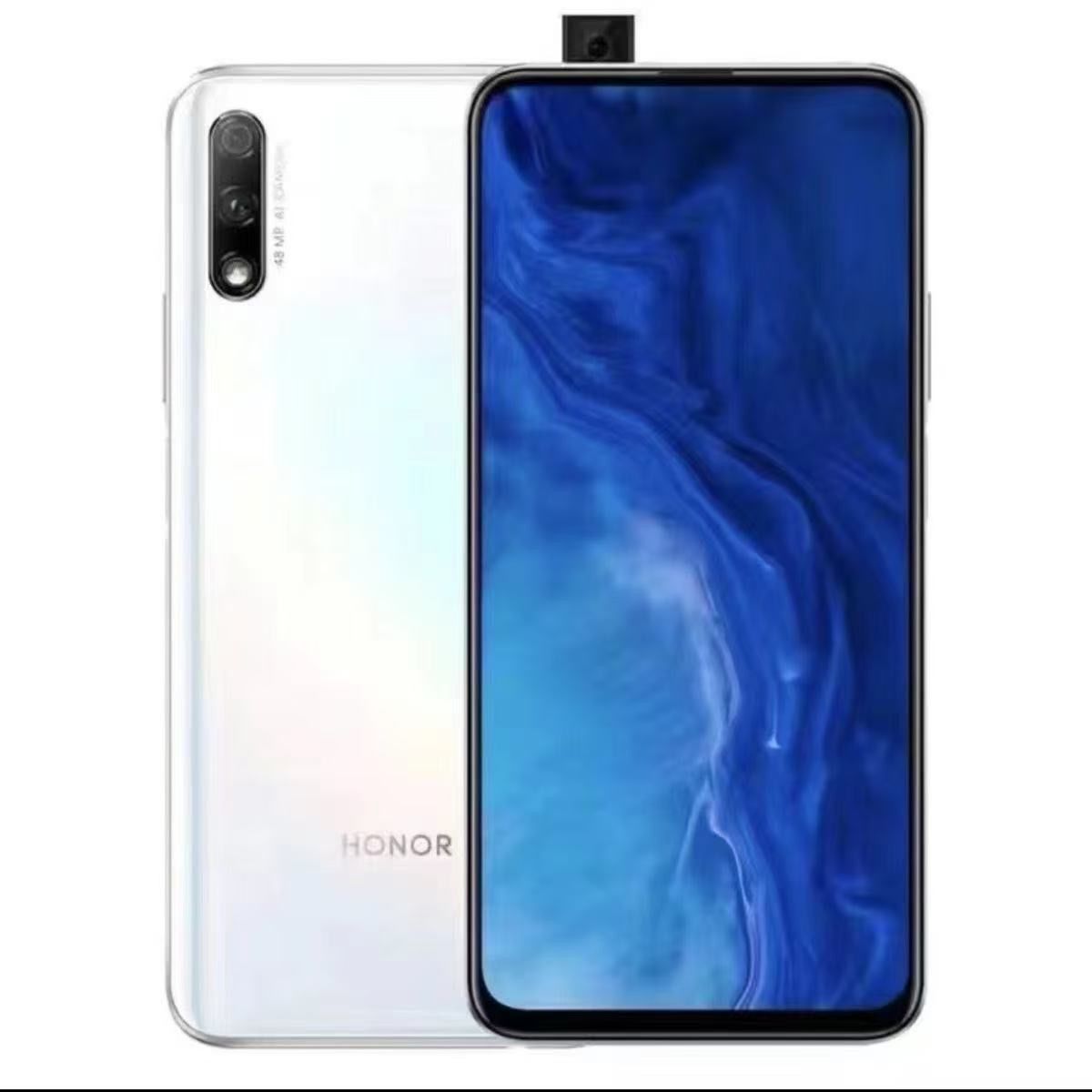 Refurbished Honor 9X with fingerprint unlock, 6.59-inch pop-up full display screen, 48MP main camera (f/1.8) + 2MP depth sensor (f/2.4), 4000mAh battery.