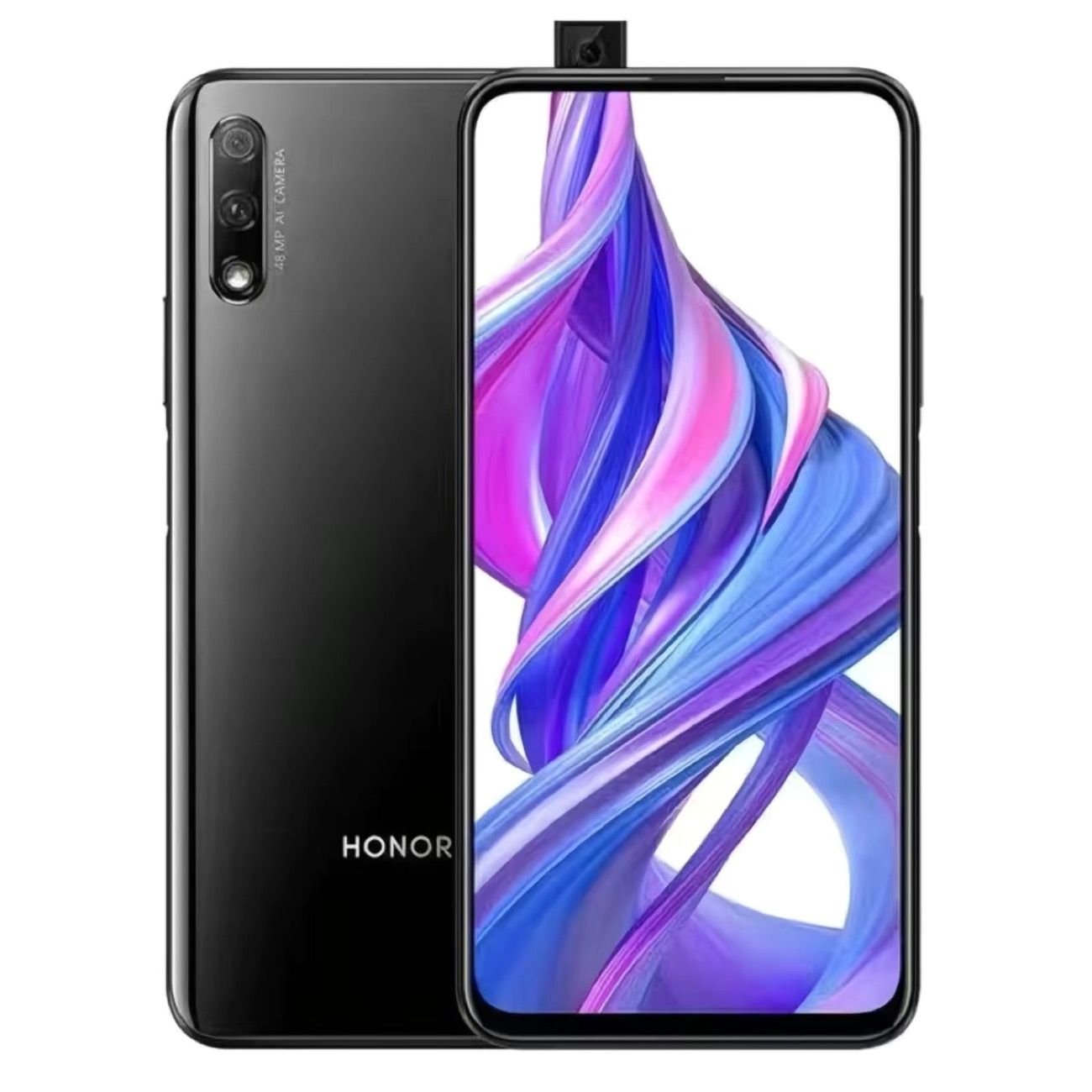 Refurbished Honor 9X with fingerprint unlock, 6.59-inch pop-up full display screen, 48MP main camera (f/1.8) + 2MP depth sensor (f/2.4), 4000mAh battery.