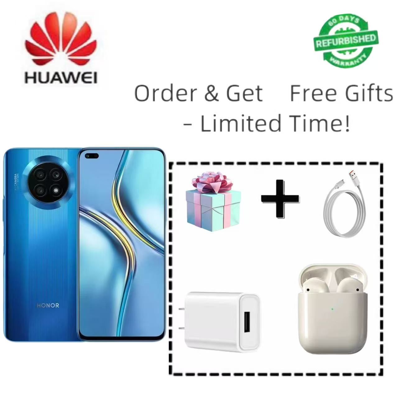 Refurbished Honor X20 with triple rear cameras: 64MP main sensor (f/1.9 aperture) + 2MP depth sensor (f/2.4 aperture) + 2MP macro lens (f/2.4 aperture). Supports fingerprint unlocking.