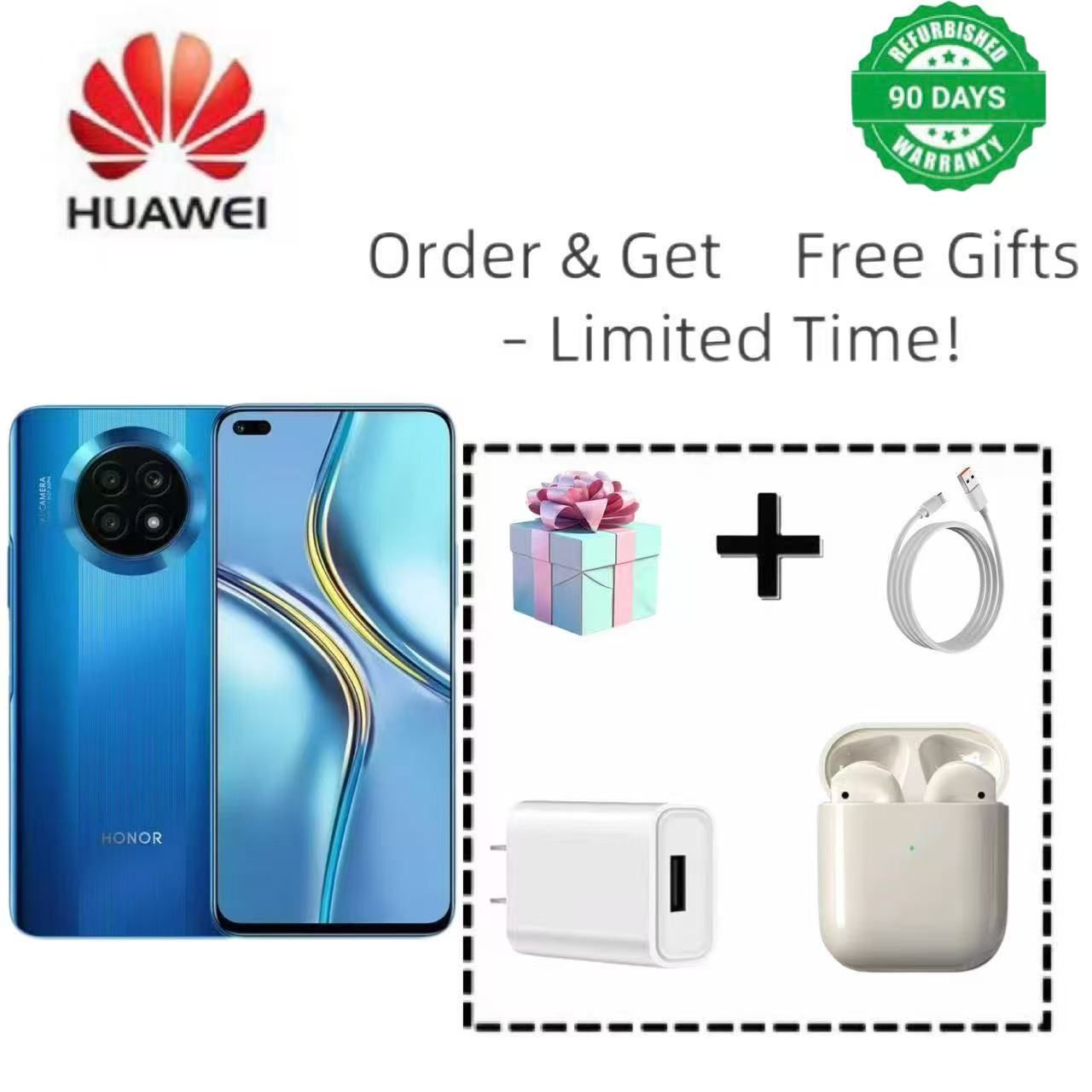 Refurbished Honor X20 with triple rear cameras: 64MP main sensor (f/1.9 aperture) + 2MP depth sensor (f/2.4 aperture) + 2MP macro lens (f/2.4 aperture). Supports fingerprint unlocking.