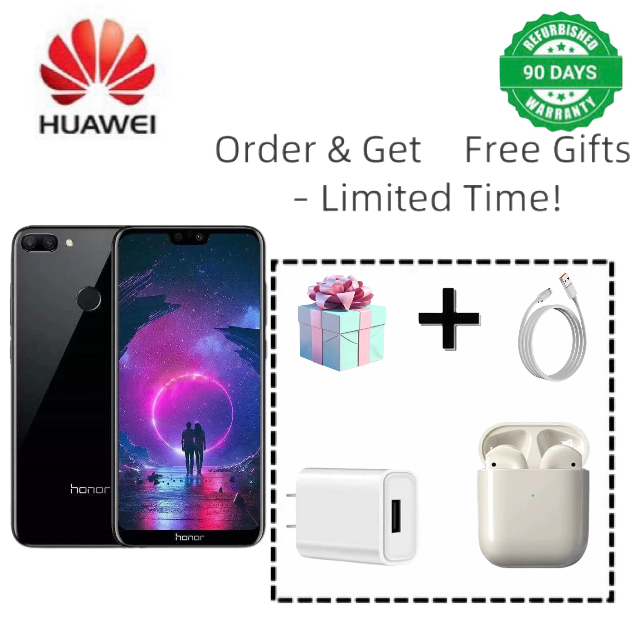 Refurbished Honor 9i with rear camera: 16MP + 2MP dual lens. Front camera: 13MP + 2MP dual lens with fingerprint unlock support.