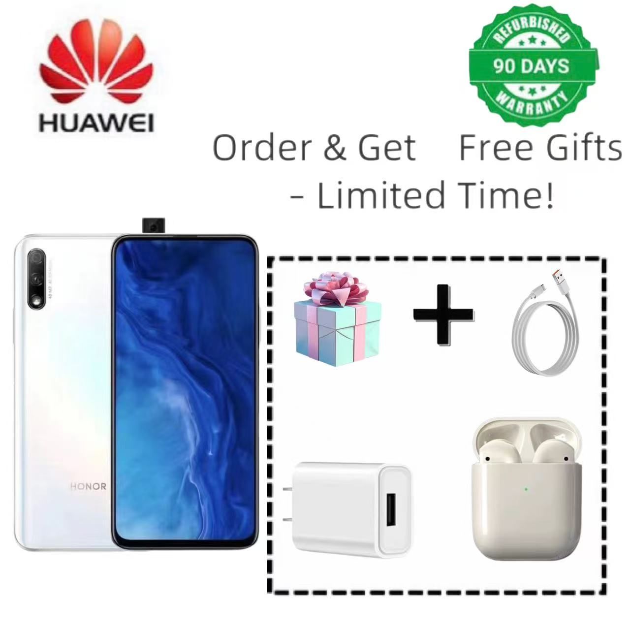 Refurbished Honor 9X with fingerprint unlock, 6.59-inch pop-up full display screen, 48MP main camera (f/1.8) + 2MP depth sensor (f/2.4), 4000mAh battery.