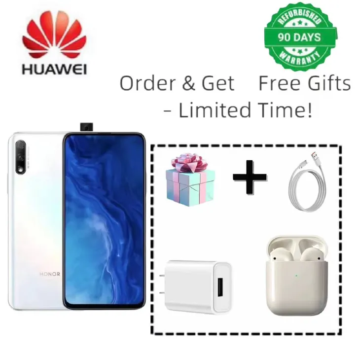 Refurbished Honor 9X with fingerprint unlock, 6.59-inch pop-up full display screen, 48MP main camera (f/1.8) + 2MP depth sensor (f/2.4), 4000mAh battery.