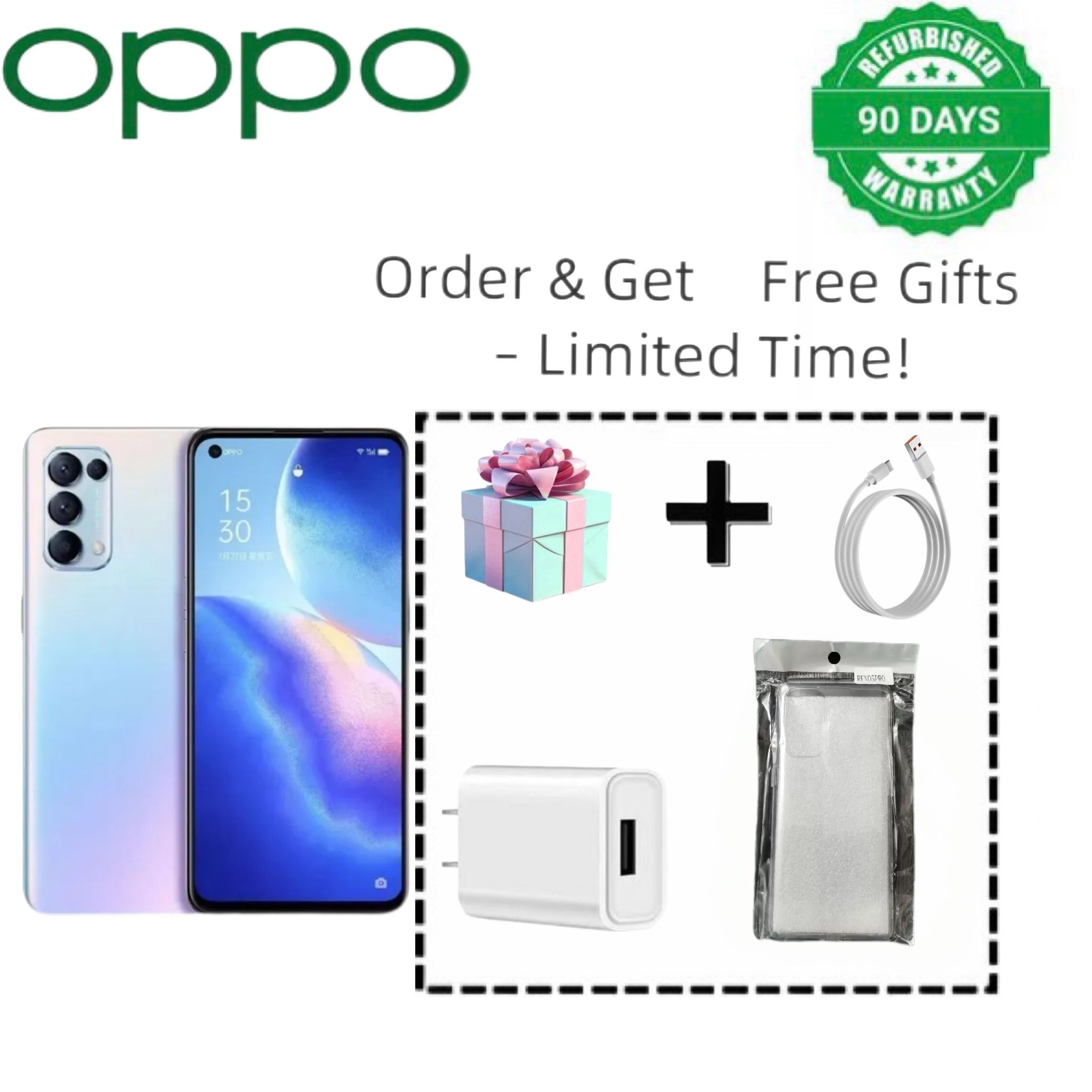 Refurbished Phone OPPO Reno5 Reno 5 5g Smartphone 6.43" 4300mAh 8GB+128GB, 12GB+256GB Rear Camera: 64MP Front Camera: 32MP Facial Recognition Unlock  No fingerprint unlock