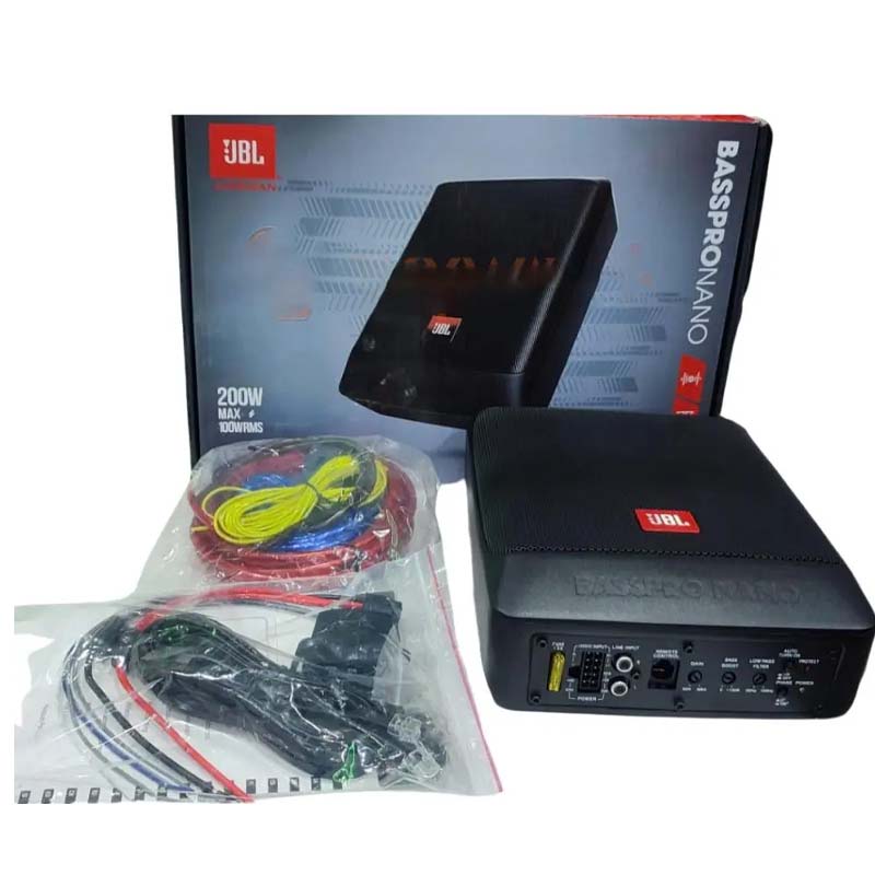 JBL BassPro Nano Ultra-Slim Underseat Powered Subwoofer – 100W RMS / 200W Peak, Class D Amplifier, Remote Bass Control, Space-Saving Sealed Enclosure for Deep Bass Car Audio