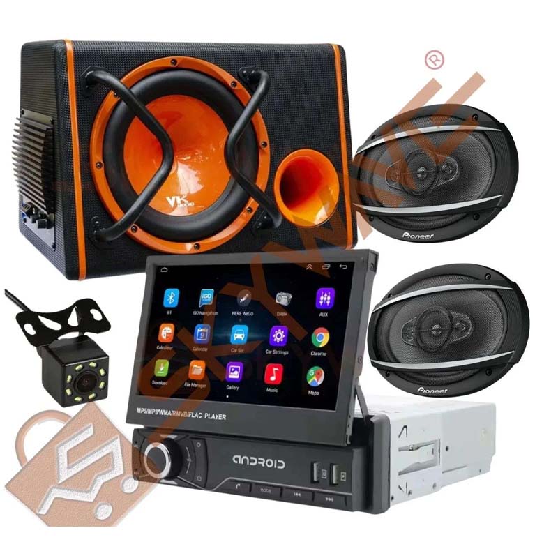 5 Pack Retractable 7-Inch Android Car Stereo System – Touchscreen Head Unit + Double Oval Speakers + 10-Inch Active Subwoofer + Rear View Camera Bundle