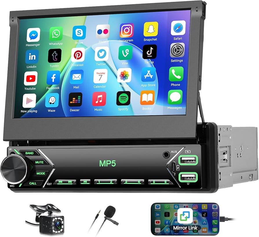 Retractable 7 Inch Car Radio Touchscreen Multimedia Stereo Head Unit with Bluetooth FM AUX USB Android Auto Apple CarPlay GPS Navigation Backup Camera