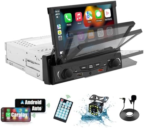 Retractable 7 Inch Car Radio Touchscreen Multimedia Stereo Head Unit with Bluetooth FM AUX USB Android Auto Apple CarPlay GPS Navigation Backup Camera