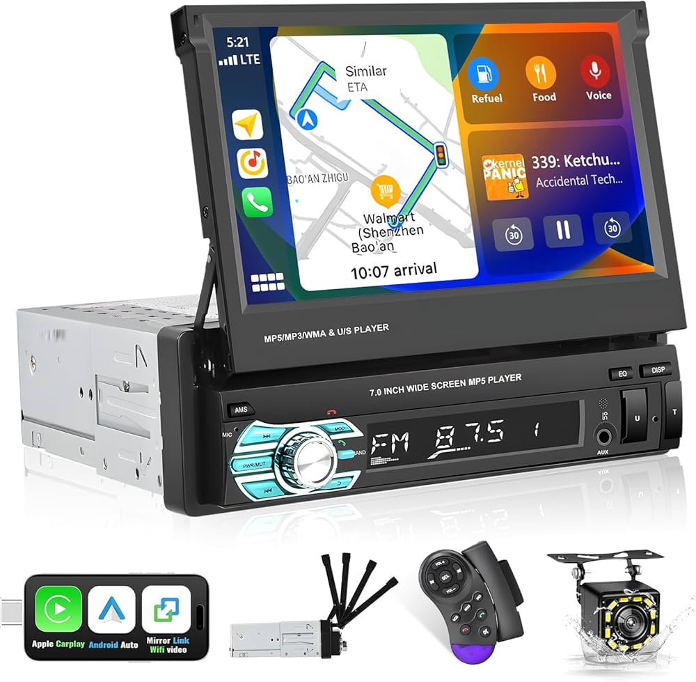 Retractable 7 Inch Car Radio Touchscreen Multimedia Stereo Head Unit with Bluetooth FM AUX USB Android Auto Apple CarPlay GPS Navigation Backup Camera