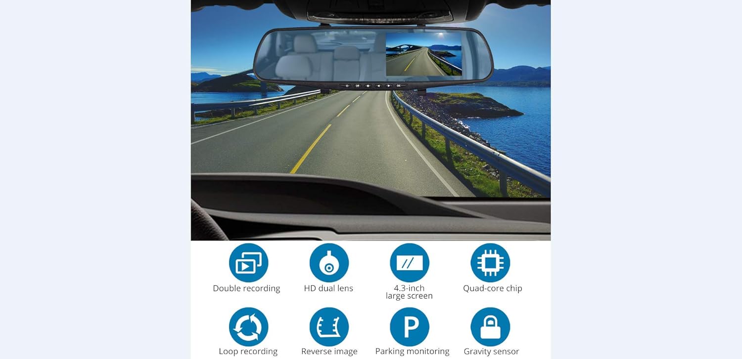 Dashboard Cam, Mirror Camera Car Dashboard, 4.3 Inch LCD Dual Lens DVR Video Recorder TFT Rearview Monitor Screen G-Sensor Waterproof for Car Backup Camera HD 1080P