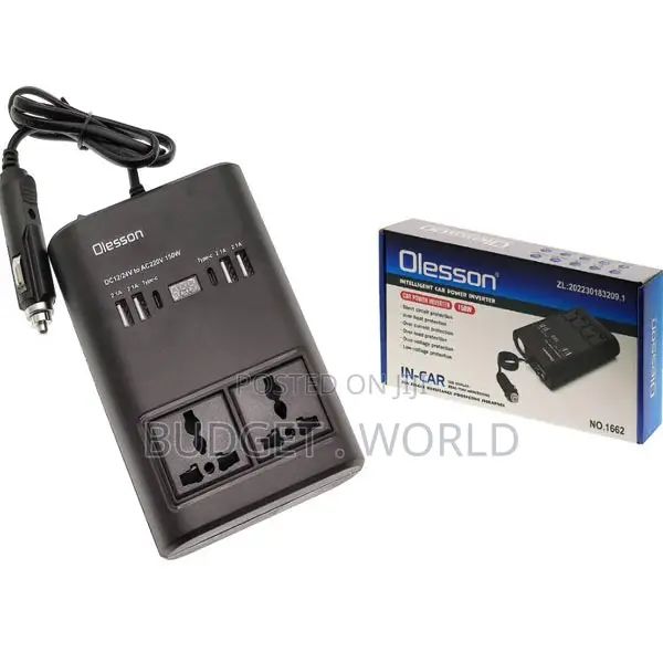 Olesson 150W Car Power Inverter 1662 – Intelligent 12V DC to 220V AC Converter with Dual AC Outlets, LED Display & Multi-Protection for Laptop, Camera, Appliances – Compact Road Trip Charger