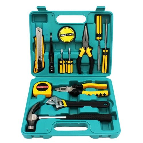 Hardware 13-in-1 Tools Repairing Kit – Complete Toolbox Set with Screwdrivers, Hammer, Pliers, Electric Pen, Ruler, Tape, Clamp & Accessories for Home Auto DIY Repairs