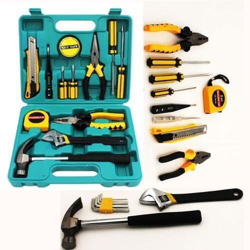 Hardware 13-in-1 Tools Repairing Kit – Complete Toolbox Set with Screwdrivers, Hammer, Pliers, Electric Pen, Ruler, Tape, Clamp & Accessories for Home Auto DIY Repairs
